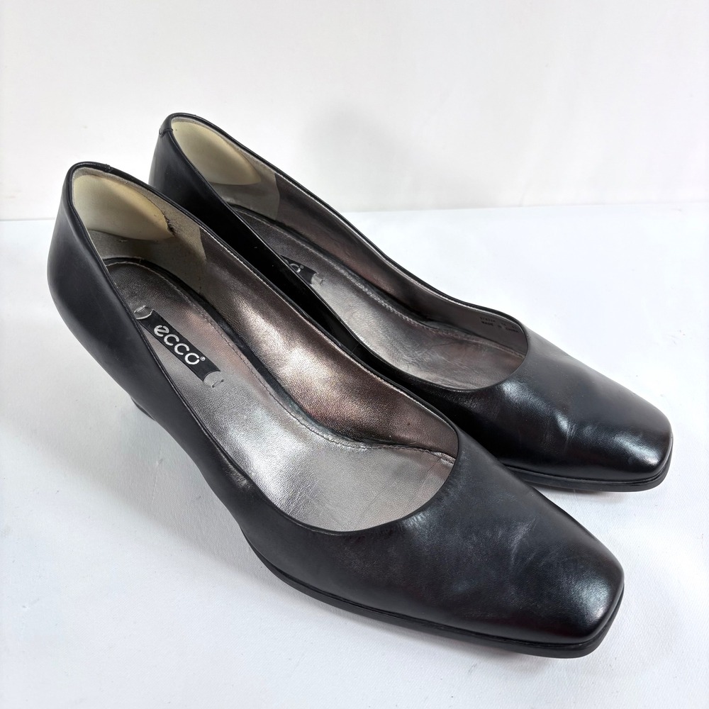 ECCO Pumps Black Leather Square Toe Block Heel Dress Shoes Womens 41
